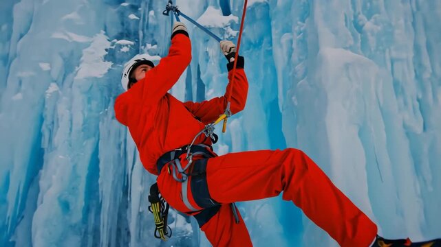 Ice Climber Scaling Frozen Waterfall in Alpine Mountains