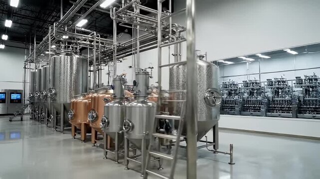 Modern Brewery Interior with Stainless Steel Fermentation Tanks and Copper Kettles.