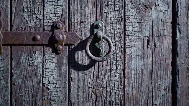 A weathered wooden door stands open at night, revealing a moonlit field, mysterious mist