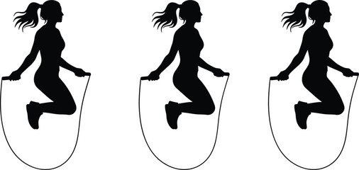 Woman jumping rope silhouette icons set for fitness workout cardio training and healthy lifestyle design © pappa
