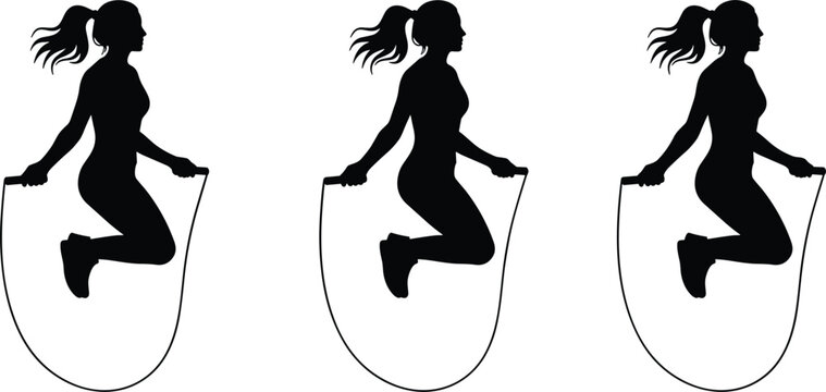 Woman jumping rope silhouette icons set for fitness workout cardio training and healthy lifestyle design