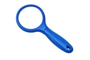 Blue plastic magnifying glass for search, discovery, and investigation concepts, transparent background