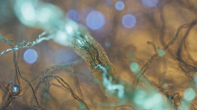 Microscopic view of glowing blue particles and intricate biological structures in a vibrant abstract environment.