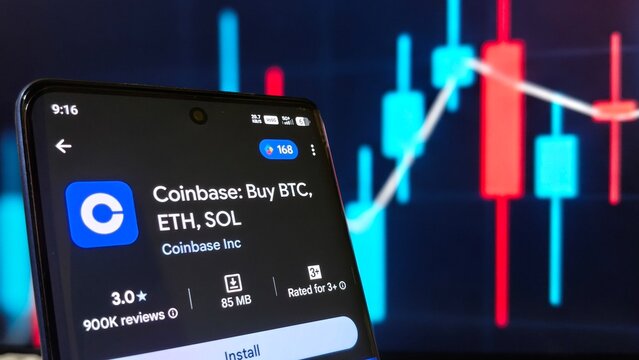 Coinbase app on smartphone with cryptocurrency exchange interface