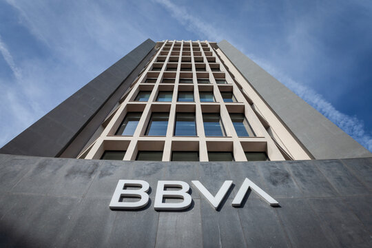 VALENCIA, SPAIN - APRIL 6, 2025: BBVA bank logo on a high-rise office building against in Valencia, Spain. BBVA, or Banco Bilbao Vizcaya Argentaria, is a spanish retail and investment bank.