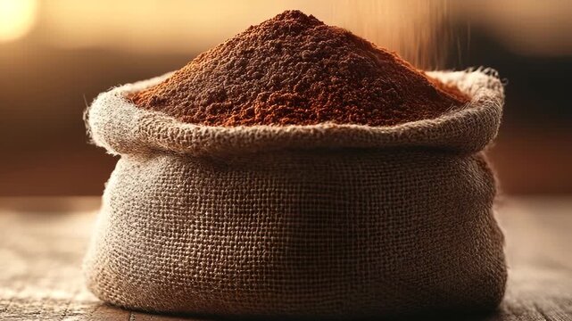 A burlap sack overflowing with a mountain of brown powder, captured in warm, soft lighting