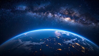 Obraz premium Night side of Earth, lights, arc above, against a swirling galaxy backdrop