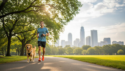 Young man jogging with his golden retriever dog on a path in an urban park with a city skyline for a healthy lifestyle concept and morning routine