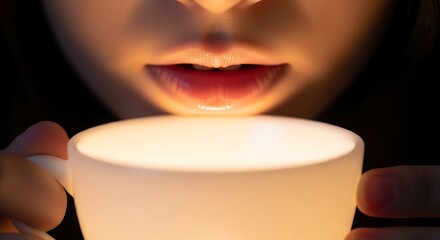 A woman take tea only show her beautiful lips in the light 