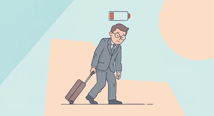 Tired businessman with low battery icon representing corporate burnout and fatigue.