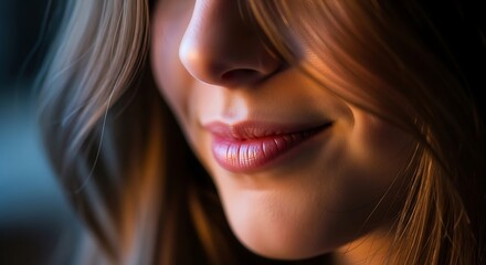 smile face of a girl brown hairs only nose and lips visible 