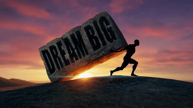 Silhouette Man Lifting Dream Big Stone Uphill