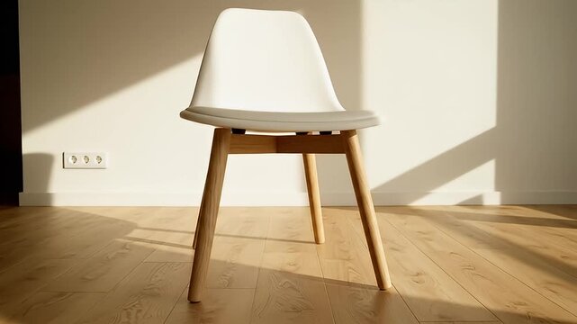 Modern White Chair with Wooden Legs on Hardwood Floor in a Sunlit Room.