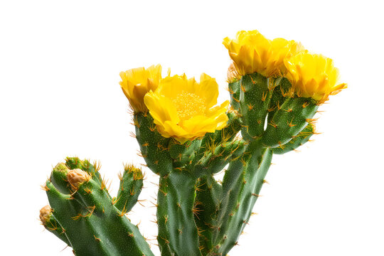 Prickly pear cactus with yellow flowers, isolated on transparent background