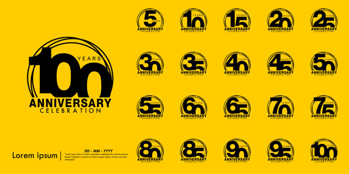 Set of black anniversary celebration emblem. congratulation anniversary award logo with rings on yellow background. vector illustration template design for web banner