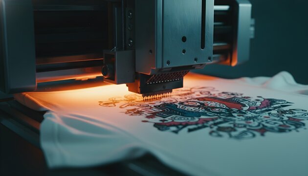 Closeup of a modern directtogarment printer applying a colorful design onto a white tshirt in a workshop.