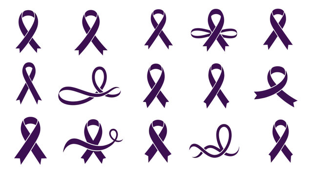 Collection of various purple awareness ribbon designs in flat vector style isolated on white background for medical health and social support concept