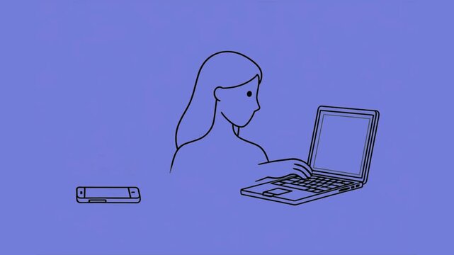 Woman Multitasking with Smartphone and Laptop, Simple Outline Illustration of Remote Worker Using Multiple Electronic Devices Vector Animation
