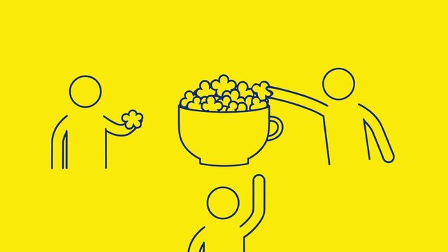 People Sharing Popcorn and Collaboration Minimalist Line Art Icon Animation, Outline Vector Illustration
