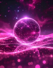 Glowing orb with digital network amidst pink waves of light