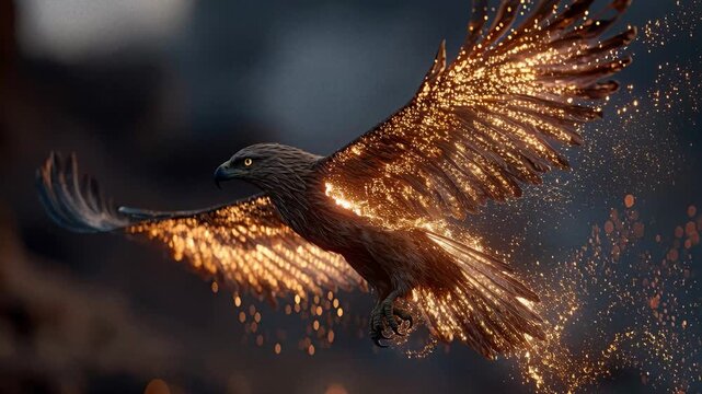 Close-up of a soaring bird in flight against a dark, starry sky, highlighted by ethereal glow, emphasizing vibrant plumage and sharp wings No human-made objects or features visible - AI-Generated