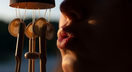 A close-up of softly parted lips near delicate hanging chimes, warm light highlighting smooth skin and metallic textures, capturing an intimate, sensual moment with a calm, atmospheric mood.