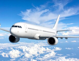 Obraz premium White passenger airplane soaring through a vivid blue sky with fluffy white clouds, during daytime