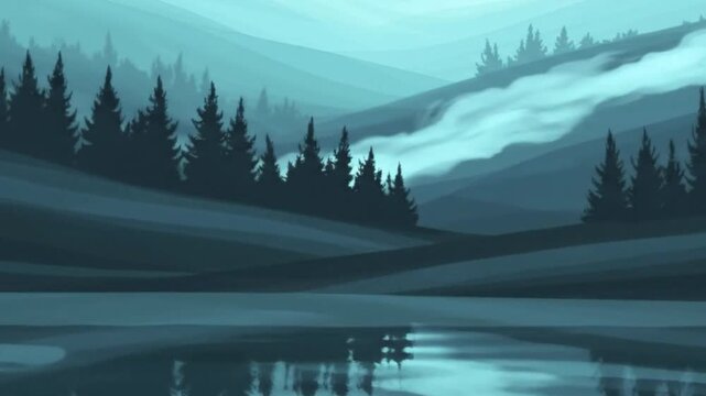 A beautifully animated, stylized landscape presents a tranquil scene of layered mountains and hills, adorned with dark silhouettes of evergreen pine trees. A serene body of water in the foreground per