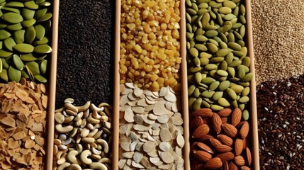 Obraz premium A beautiful and vibrant tapestry of superfoods, nuts, and seeds offering a spectrum of flavor and nutrition.