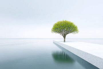 Lone Tree on Minimalist Pier Over Calm Water
