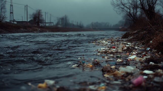 Polluted river with trash and debris in gloomy weather.