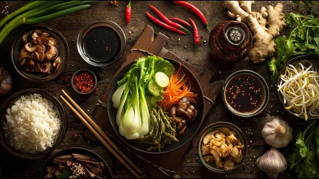 Asian Cuisine Ingredients and Dishes Arrangement.
