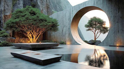 Zen Courtyard with Moon Gate and Reflecting Pool
