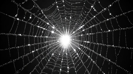 Fototapeta premium Dew-covered spiderweb at night, radiating light, nature background, Halloween