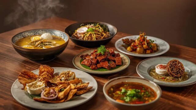 Steaming Asian noodle soup and assorted plated appetizers with vibrant garnish, savory fusion feast