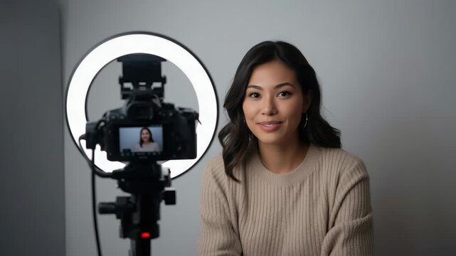 Confident woman recording vlog with camera and ring light in cozy neutral studio setup