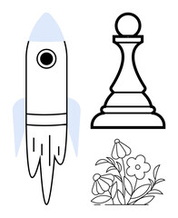Obraz premium Creativity, exploration, strategy, innovation, nature , and design. Rocket, chess pawn and decorative flowers in a minimalist style. Creativity and exploration concept