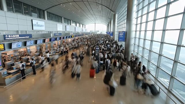 Timelapse of a bustling airport terminal with a large crowd of people moving through the departure hall showcasing the dynamic flow of travel and modern architecture.