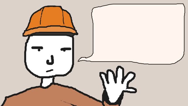 On the screen is a factory worker in a hard hat or an employee of some other enterprise. He's saying something, moving his hand slightly or gesturing.