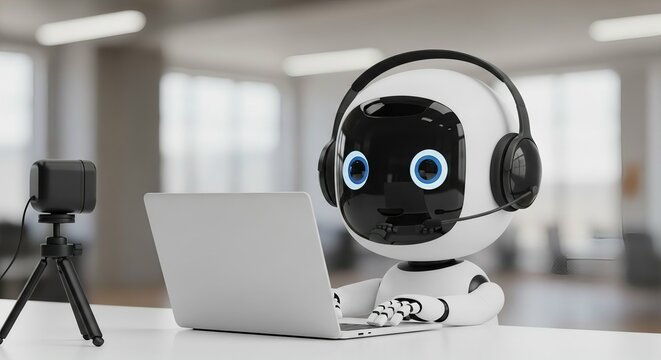 Friendly white robot assistant wearing headphones typing on laptop in office