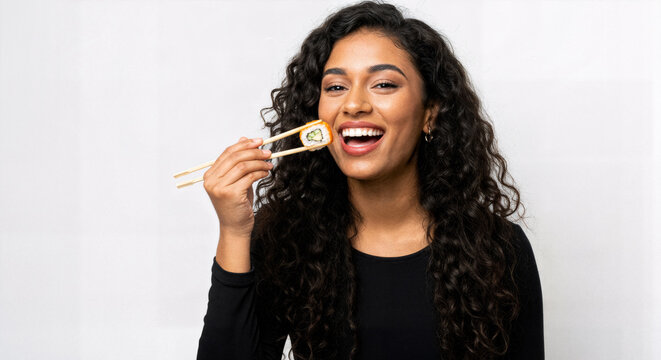 Mulher Sorridente Saboreando Sushi Oriental