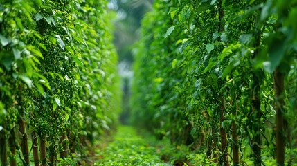 Obraz premium Fresh Black pepper vines growing on tall supports in lush green plant on blurred background
