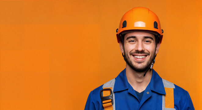 Trabalhador da constru&ccedil;&atilde;o civil com capacete de seguran&ccedil;a sorrindo