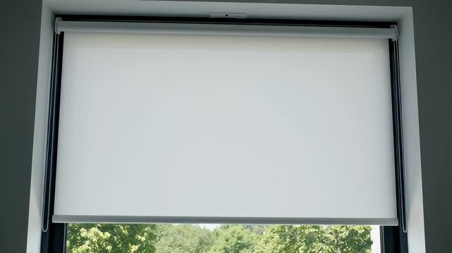 White Roller Blind Descends to Cover Window with Green Trees and Blue Sky Outside.