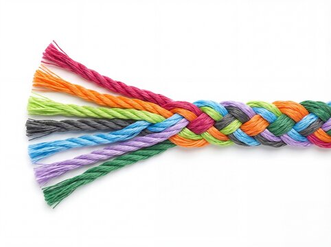 Seven colorful synthetic rope strands braided together into a single strong cord on white background