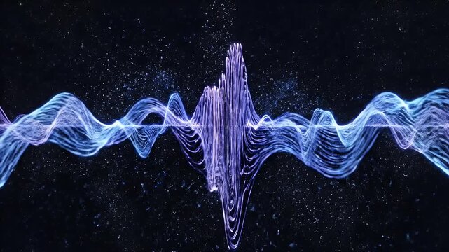 Abstract Digital Sound Waveform Visualization With Blue And Purple Lights And Floating Particles On A Dark Background