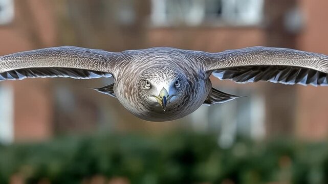 A close-up, front-facing view of a gull in mid-flight with wings fully extended