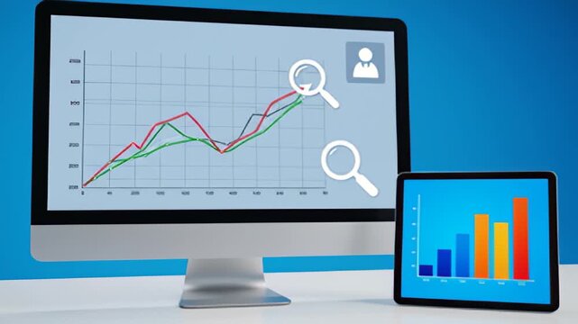 Computer displaying data analysis and tablet with bar graph for business use