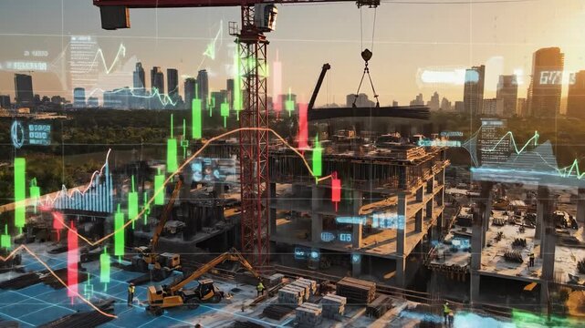 Construction site cityscape with overlayed financial graph analysis