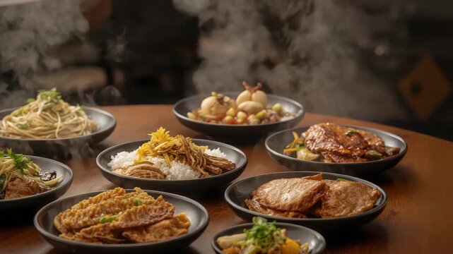 Steamed rice, braised egg, noodle stir fry with fried tofu and mixed vegetable bowls showcasing